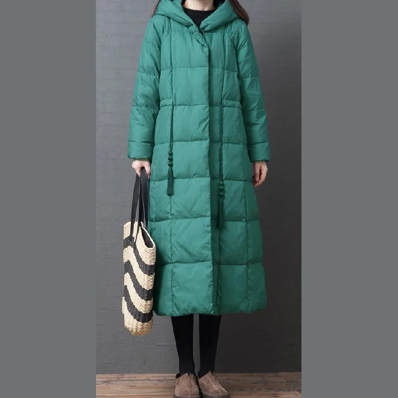 Elegant Loose fitting down jacket winter outwear green hooded pockets warm coat