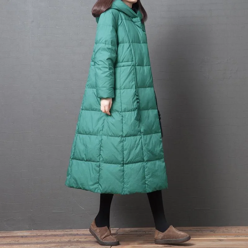 Elegant Loose fitting down jacket winter outwear green hooded pockets warm coat