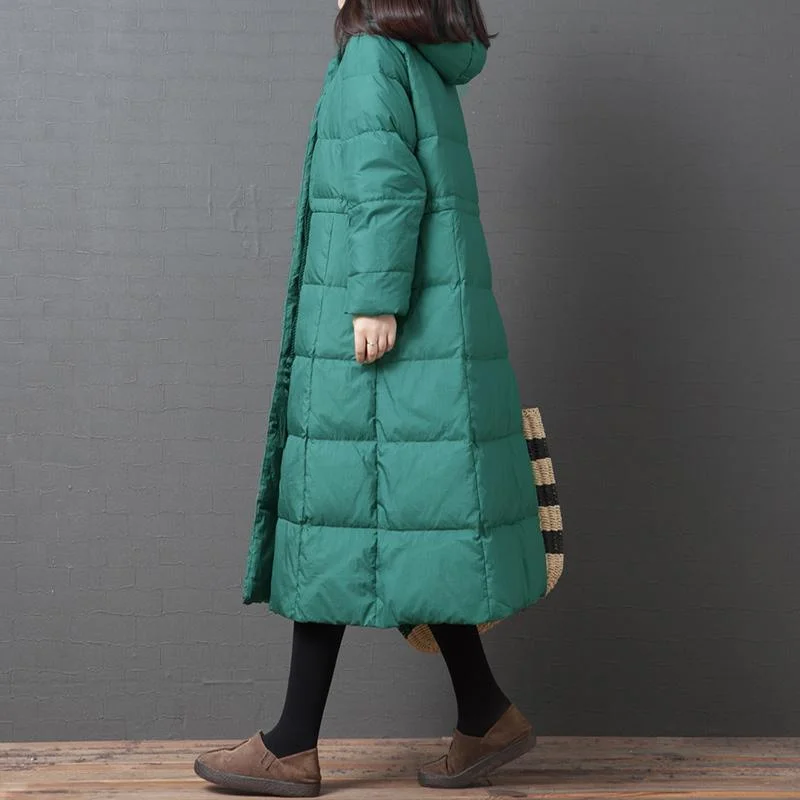 Elegant Loose fitting down jacket winter outwear green hooded pockets warm coat