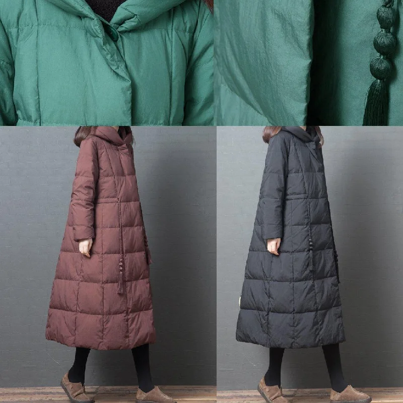 Elegant Loose fitting down jacket winter outwear green hooded pockets warm coat