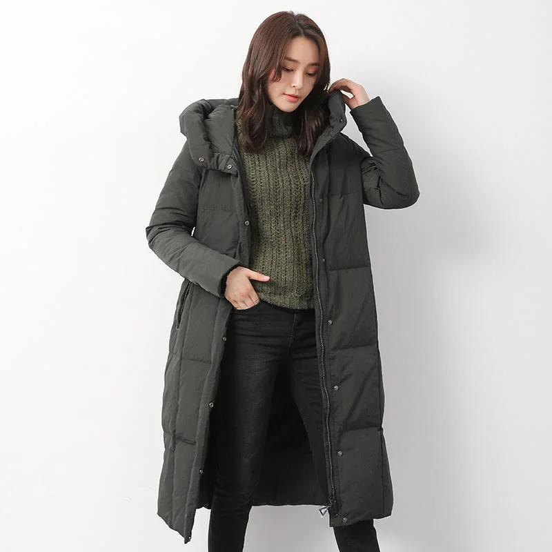 Fine army green down jacket woman oversize hooded womens parka side open overcoat