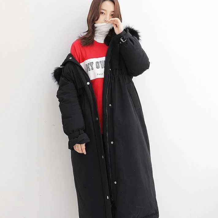 Fine black down jacket woman trendy plus size hooded snow jackets tie cuff sleeve coats