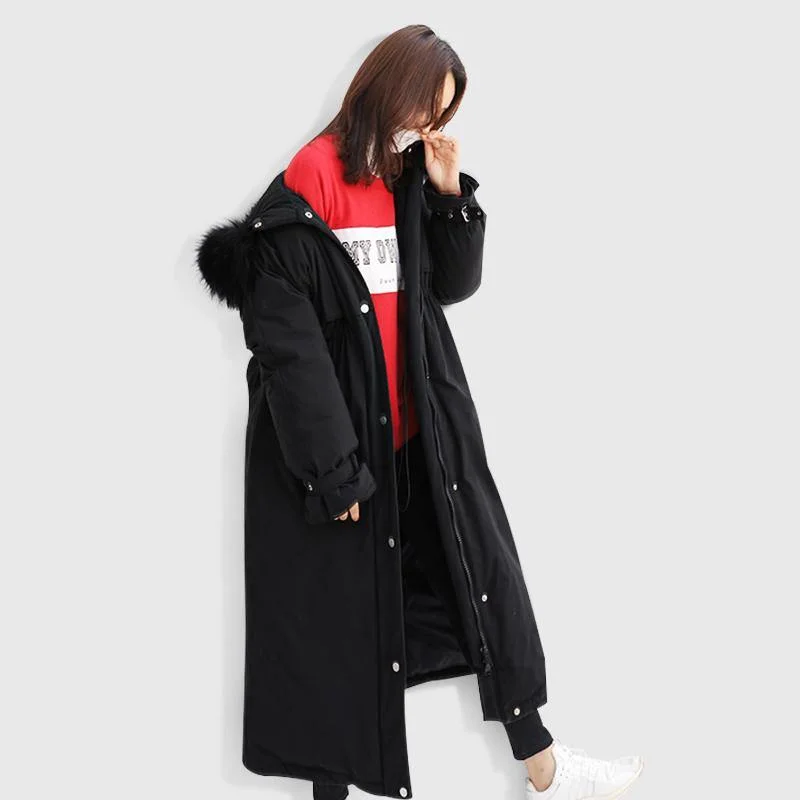 Fine black down jacket woman trendy plus size hooded snow jackets tie cuff sleeve coats