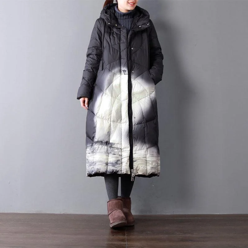 Fine black print duck down coat oversize hooded winter zippered down overcoat