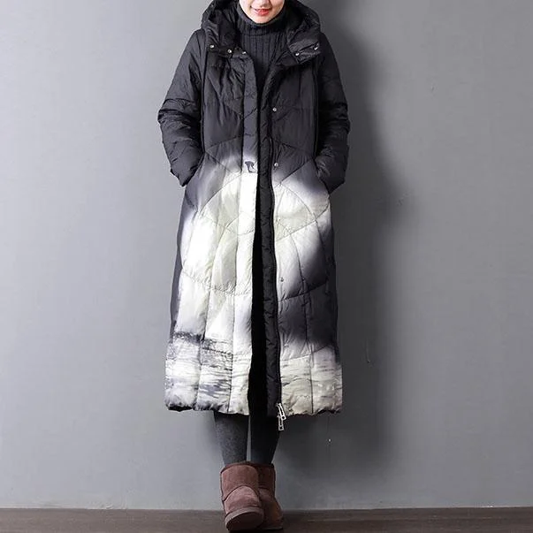 Fine black print duck down coat oversize hooded winter zippered down overcoat