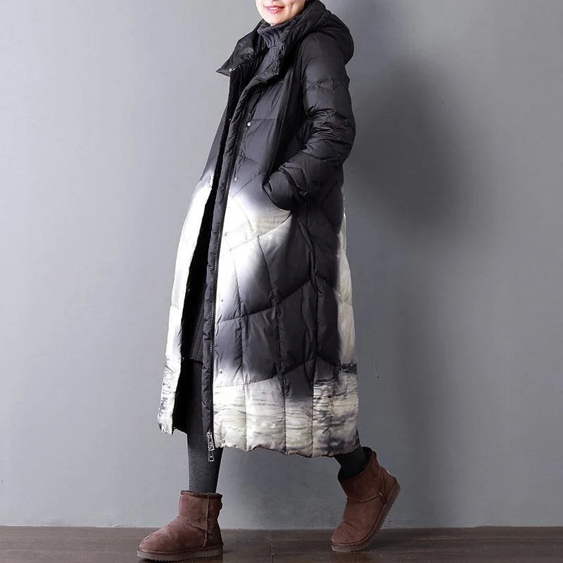 Fine black print duck down coat oversize hooded winter zippered down overcoat