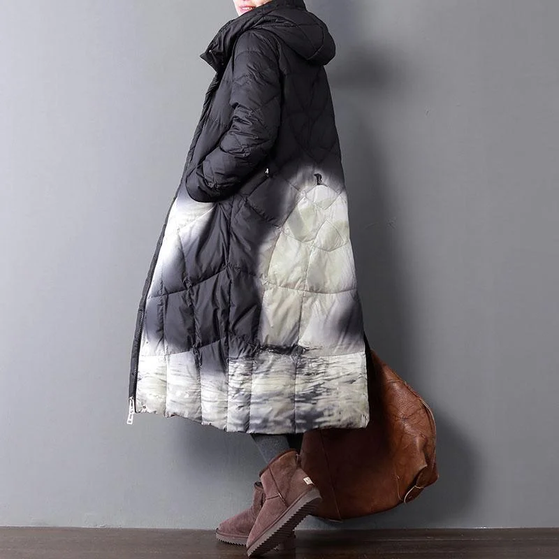 Fine black print duck down coat oversize hooded winter zippered down overcoat