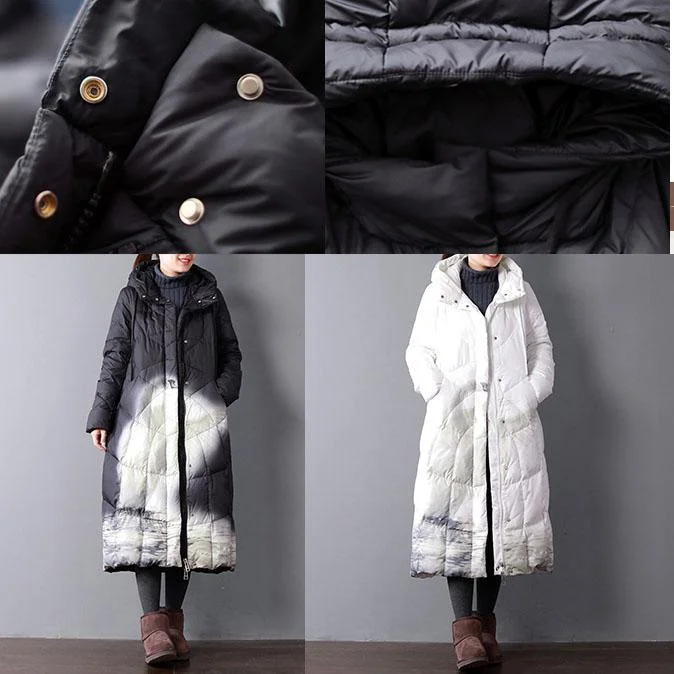 Fine black print duck down coat oversize hooded winter zippered down overcoat