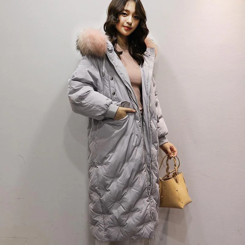 Fine gray down jacket woman plus size clothing hooded women  parka fur collar coats