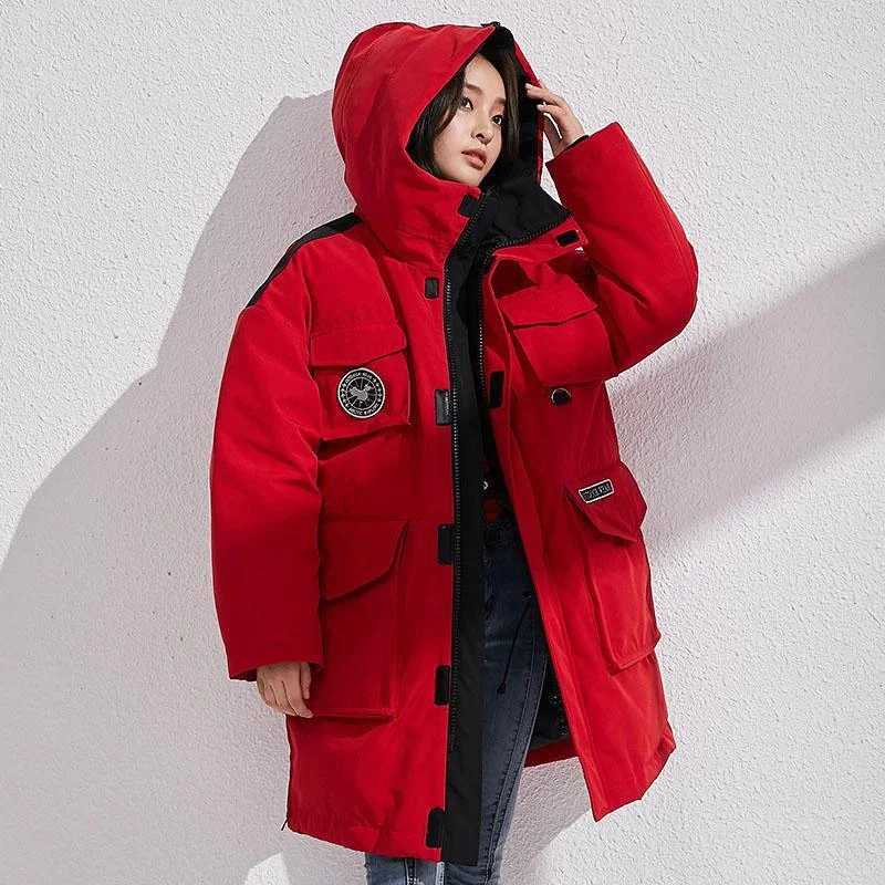 Fine red down coat winter casual hooded snow jackets big pockets overcoat