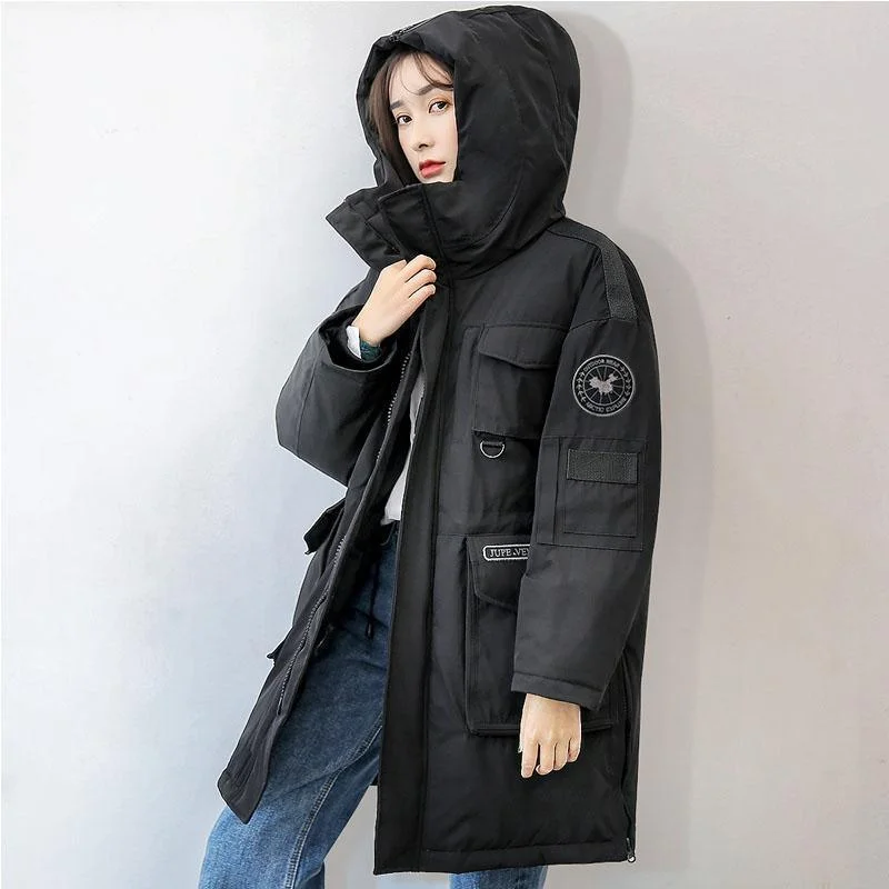 Fine red down coat winter casual hooded snow jackets big pockets overcoat