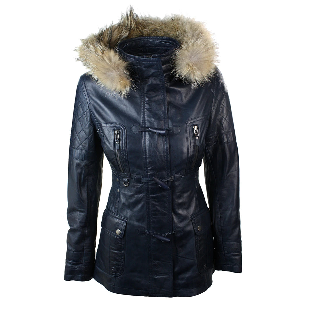 Women's Leather Trench Mid Length Hooded Raccoon Fur Winter Jacket