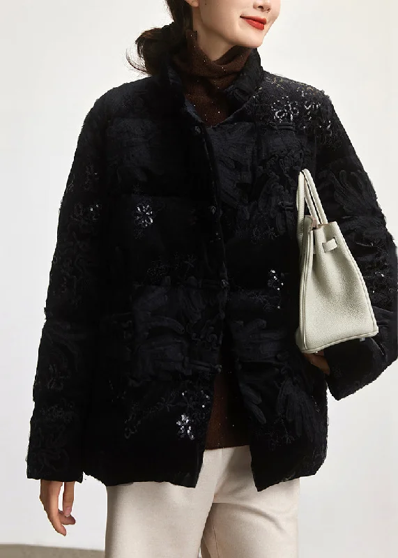 Loose Black Embroideried Sequins Duck Down Coat Long Sleeve