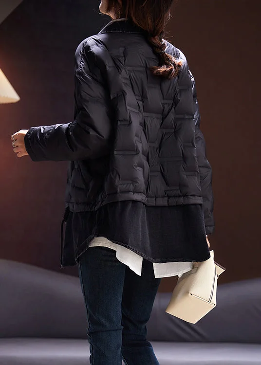 Loose Black Lace Up Pockets Patchwork Duck Down Coat Long Sleeve