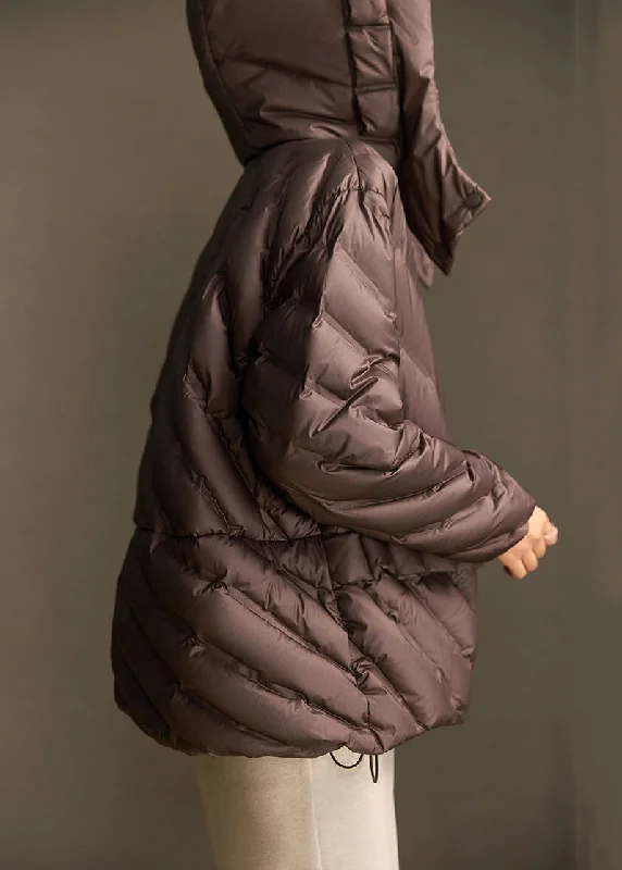 Loose Coffee Hooded Zippered Drawstring Duck Down Coats Winter