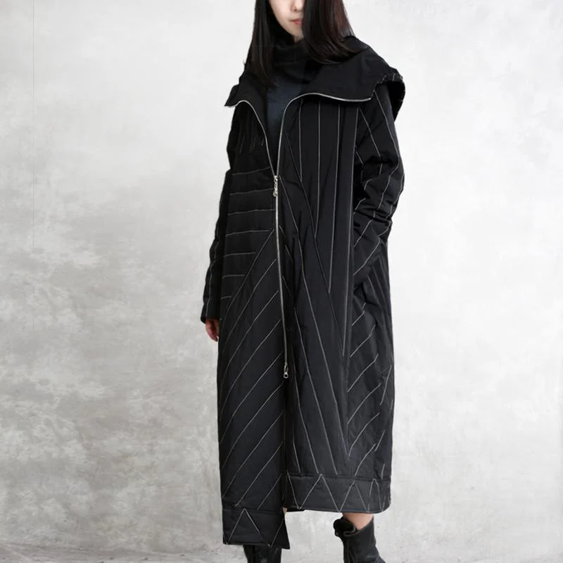 Luxury black striped duck down coat oversize hooded winter zippered coats