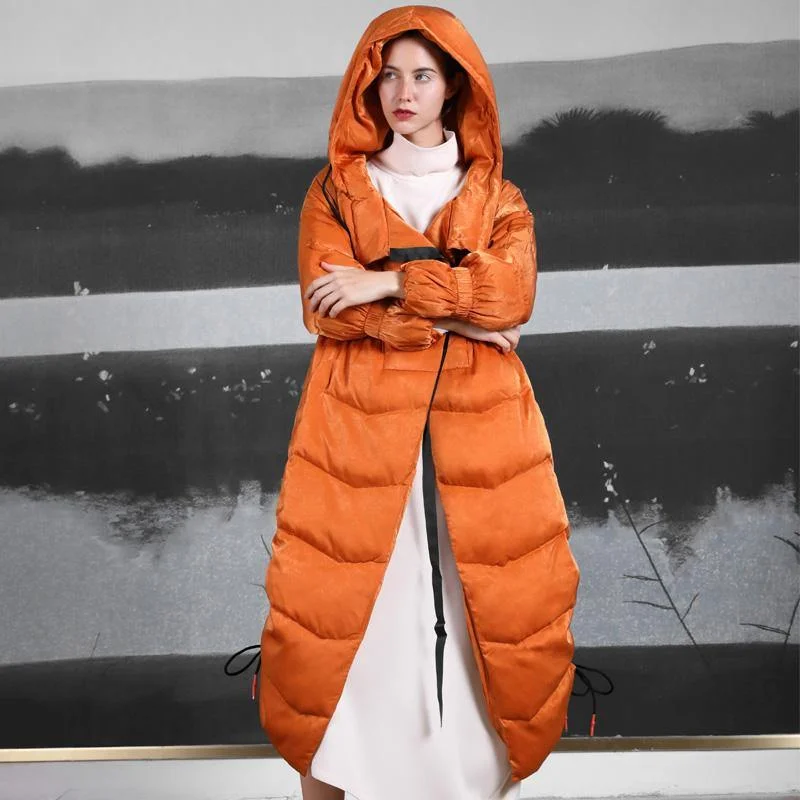 Luxury orange duck down coat trendy plus size side drawstring winter jacket hooded Jackets