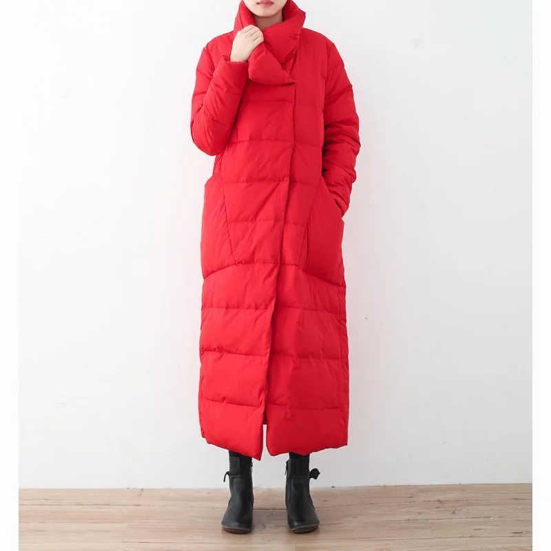 thick red quilted coat oversize stand collar down coat Elegant pockets overcoat