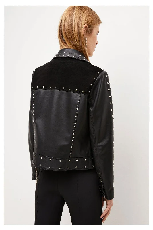 Women Black style Silver Spiked Studded Leather Biker Jacket