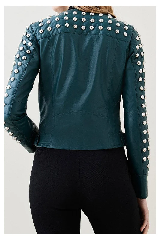 Women Chocolat Green Style Silver Spiked Studded Retro Motorcycle Leather Jacket