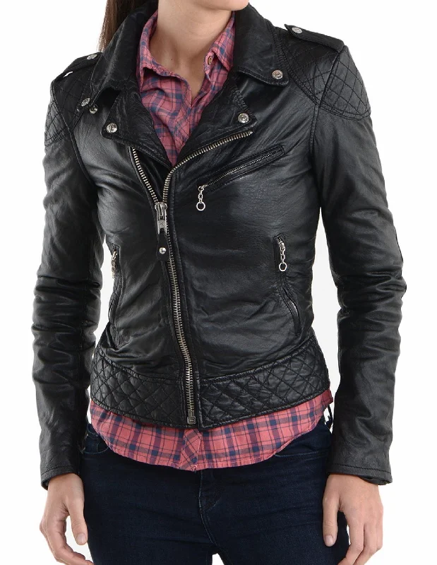 Women's Genuine Leather Motorcycle Jacket Black WJ005