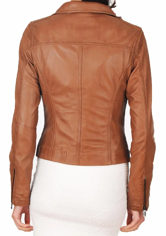 Women's Genuine Leather Motorcycle Jacket Tan WJ007