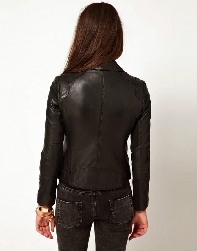 Women's Genuine Leather Motorcycle Jacket Black WJ008