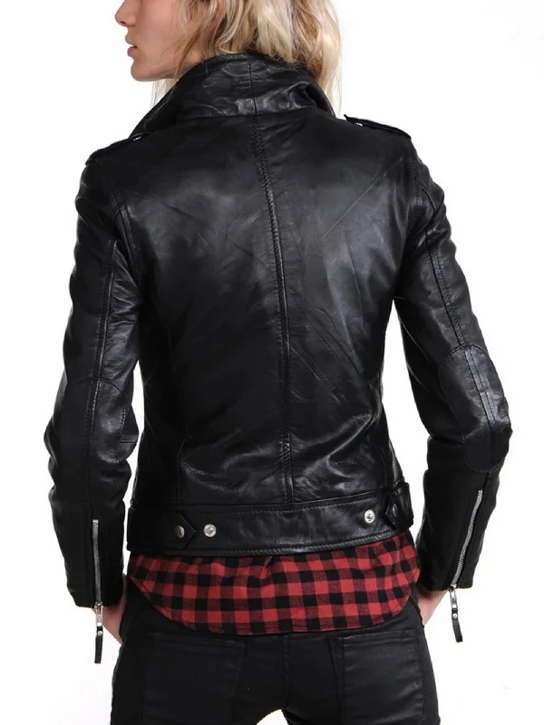 Women's Genuine Leather Motorcycle Jacket Black WJ009