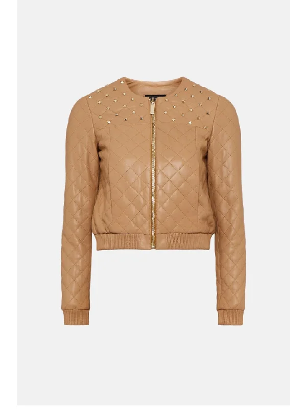 Women's Tan Beige Leather Studded Bomber Jacket