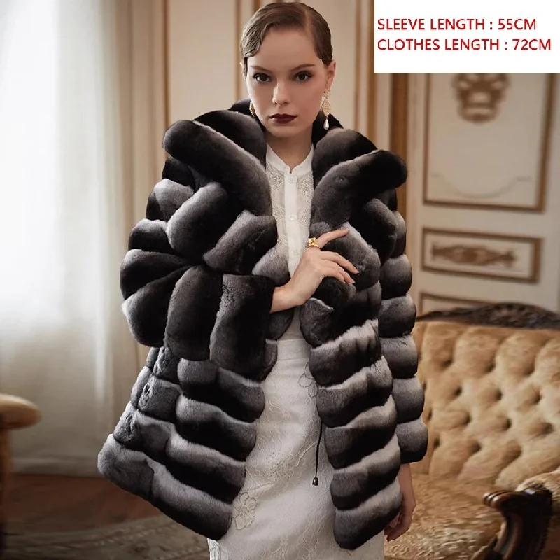 Chinchilla Style Real Fur Coat Mid Length Big Collar