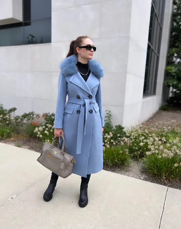 Genuine Polar Fox Collar Cashmere Wool Coat