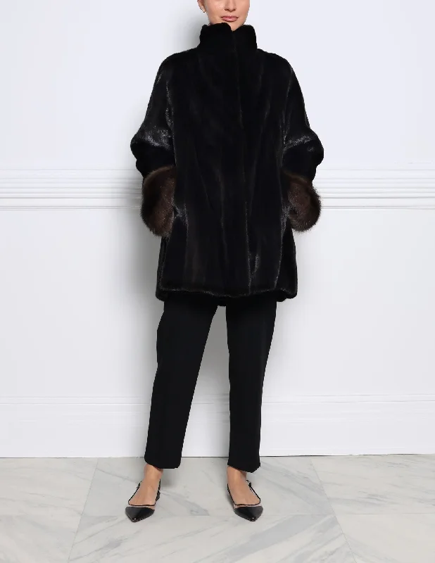 The Anwen Mink Fur Coat with Sable Cuffs in Black