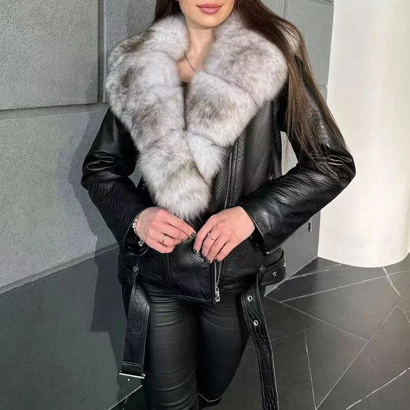 Reptile Genuine Leather Jacket Real Fox Fur Collar