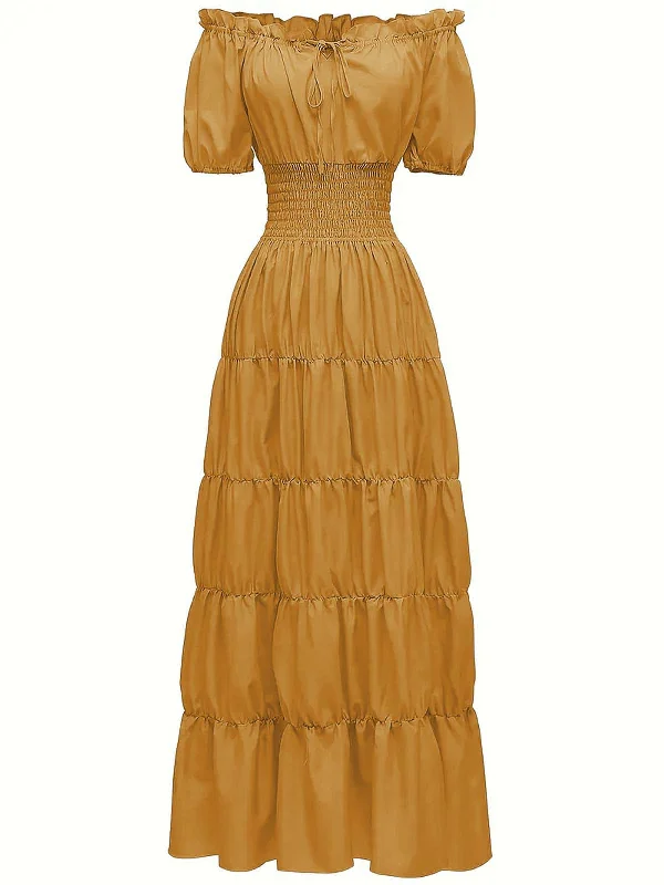 1930s Solid Off-Shoulder Smocked Puff Sleeves Dress