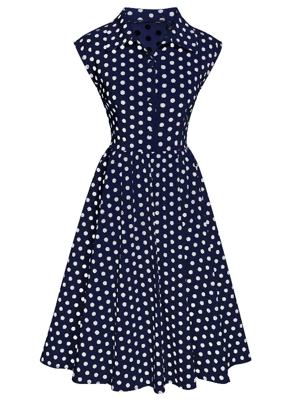 1940s Lapel Polka Dots Sleeveless Dress