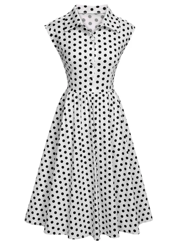 1940s Lapel Polka Dots Sleeveless Dress