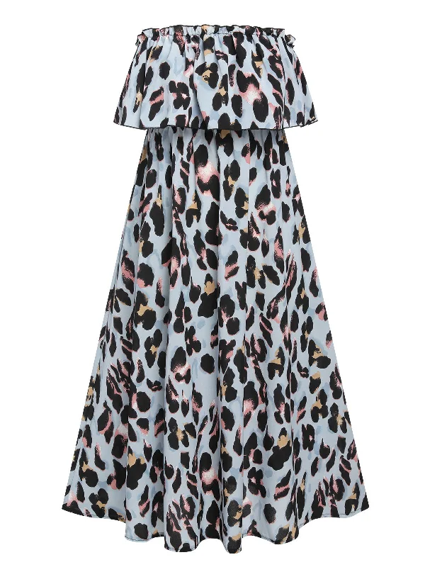 1950s Strapless Leopard Colorblock Ruffles Dress