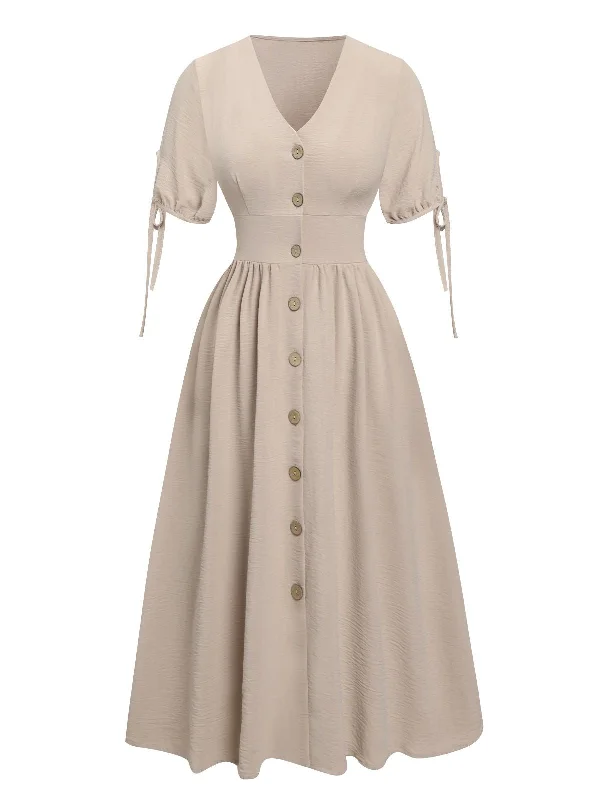 Beige 1940s Solid V-Neck Buttons Dress