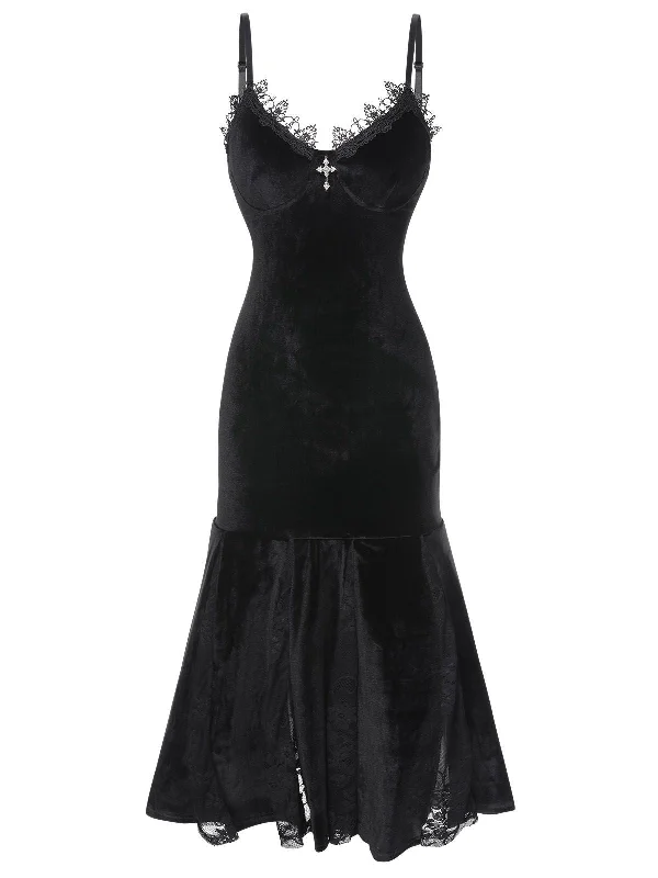 Black 1930s Spaghetti Strap Cross Lace Dress