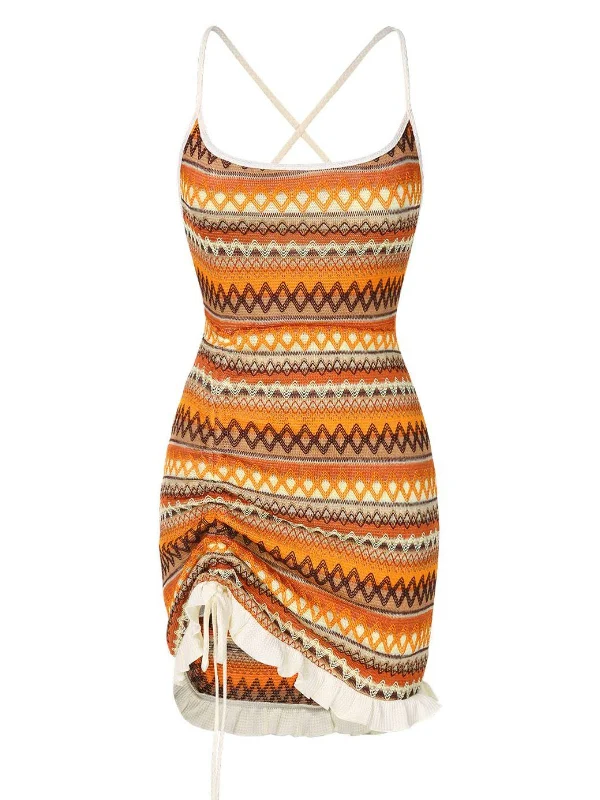 Multicolor 1960s Bohemian Drawstring Knit Straps Dress