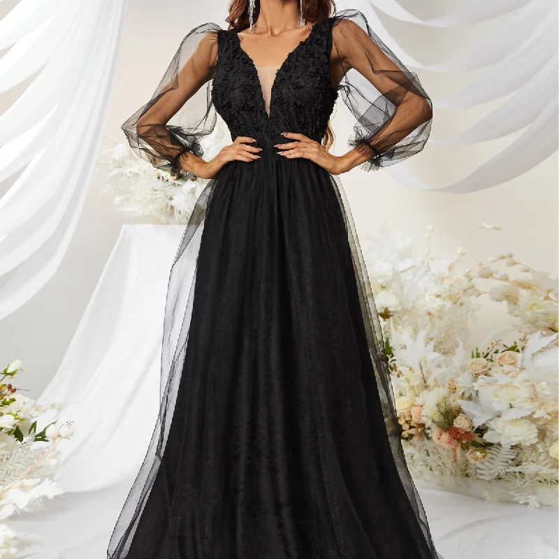 NiDELL European and American Style Formal Dress Deep V-neck Long Sleeve Banquet Evening Dress Daily Style Black Dress Gauze Dress-Ssw3038