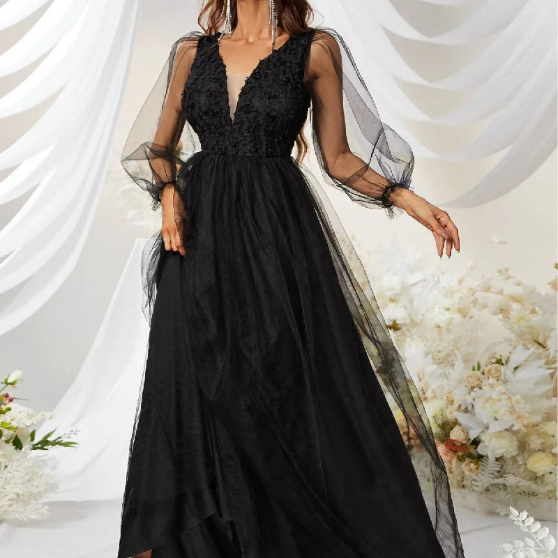 NiDELL European and American Style Formal Dress Deep V-neck Long Sleeve Banquet Evening Dress Daily Style Black Dress Gauze Dress-Ssw3038