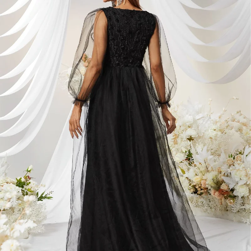 NiDELL European and American Style Formal Dress Deep V-neck Long Sleeve Banquet Evening Dress Daily Style Black Dress Gauze Dress-Ssw3038