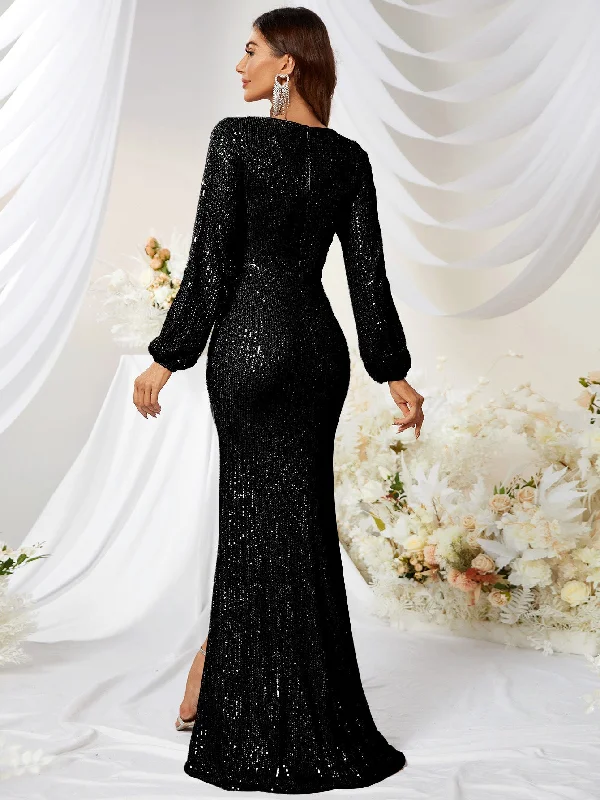 NiDELL European and American Style Long Dress Sequined V-neck Long Sleeve High Slit Slim Fishtail Prom Evening Dress-MGT256-2