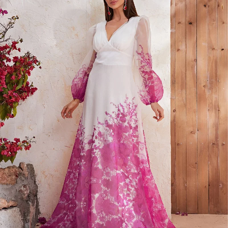 NiDELL Hot Cross-Border Dress Chiffon Floral Long Sleeve Dress High-End Entry Lux Dress Skirt-SSL6132-1