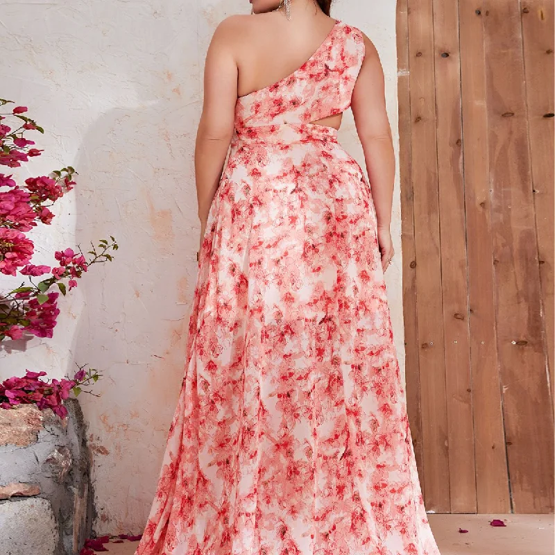 NiDELL Large Size Cross-Border Printed Dress Chiffon Floral One Shoulder Sleeveless Hollow Vacation Style Dress-Fsst2033