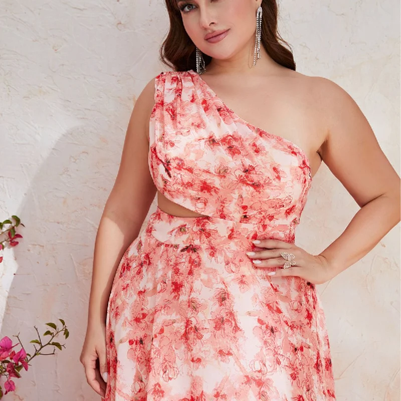 NiDELL Large Size Cross-Border Printed Dress Chiffon Floral One Shoulder Sleeveless Hollow Vacation Style Dress-Fsst2033