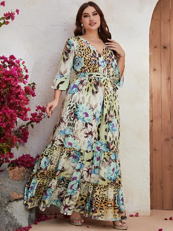 NiDELL Middle East High Sales Oversized Women's Clothing Summer Chiffon Floral Print Mid-Length Sleeves Long Holiday Dress-Fmgn594