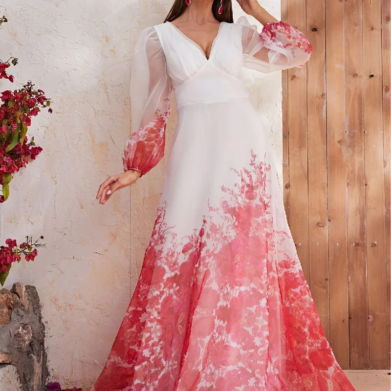 NiDELL New French Dress Chiffon Floral Bubble Sleeve V-neck Long Sleeve Long Dress High Sense-Ssl6132