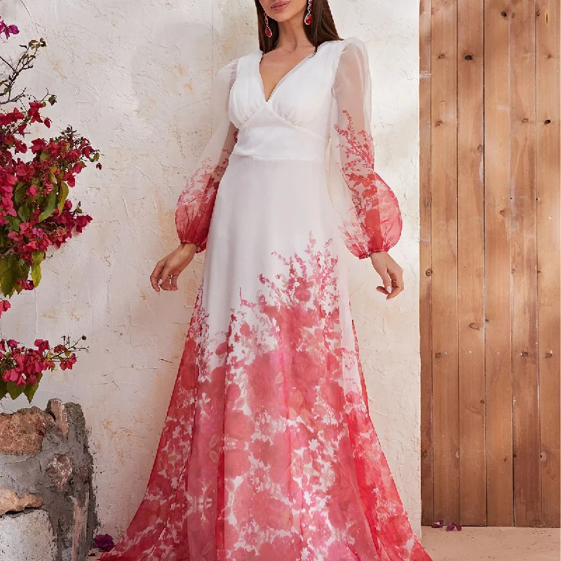 NiDELL New French Dress Chiffon Floral Bubble Sleeve V-neck Long Sleeve Long Dress High Sense-Ssl6132